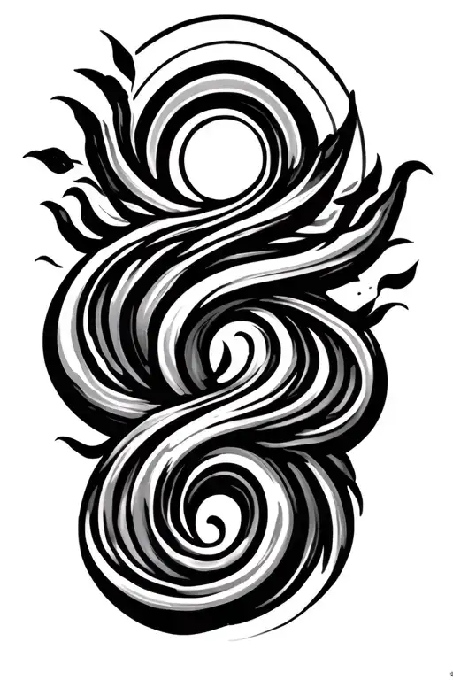 A fine-line Trishul forming from a wave or spiral (symbol), with a faint rising sun or northeast- tattoo design idea