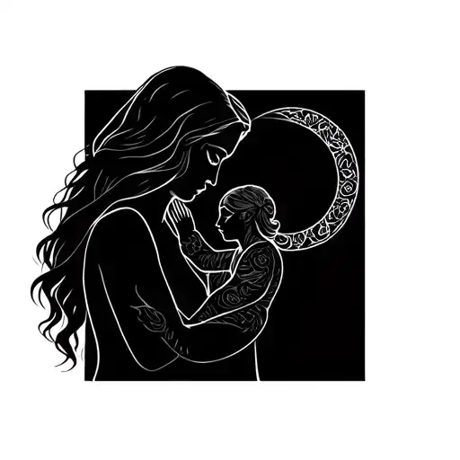 Sagittarius mother holding Aries baby girl side profile tattoo design idea