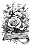 Open book with flowers coming out of the binding, rose, honeysuckle, gladiolus, poppy, ribbon around the flowers, and in tattoo design idea