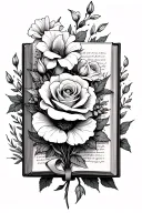 Open book with flowers coming out of the binding, rose, honeysuckle, gladiolus, poppy, ribbon around the flowers, and in tattoo design idea