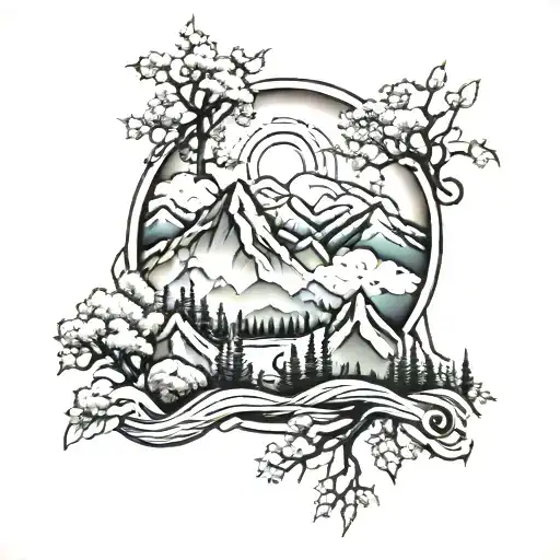 misty mountains with trees tattoo design idea