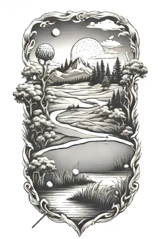 golf landscape tattoo featuring iconic symbols tattoo design idea
