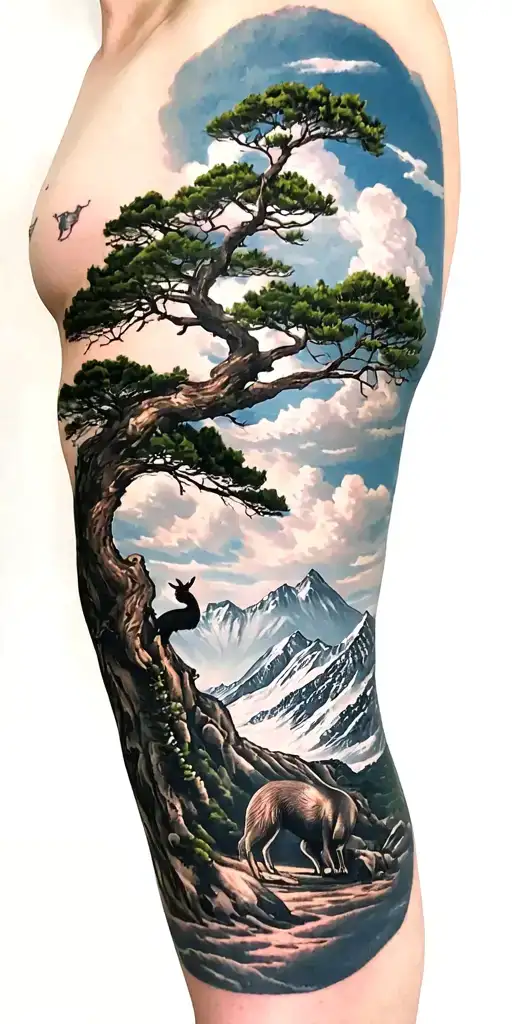 mountains, clouds, animals, big tree with HM tattoo tattoo design idea