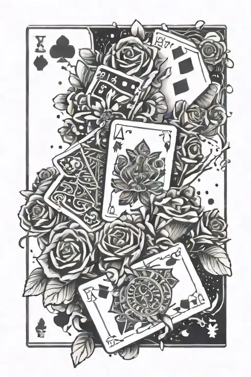 flowers and playing cards with money raining tattoo design idea