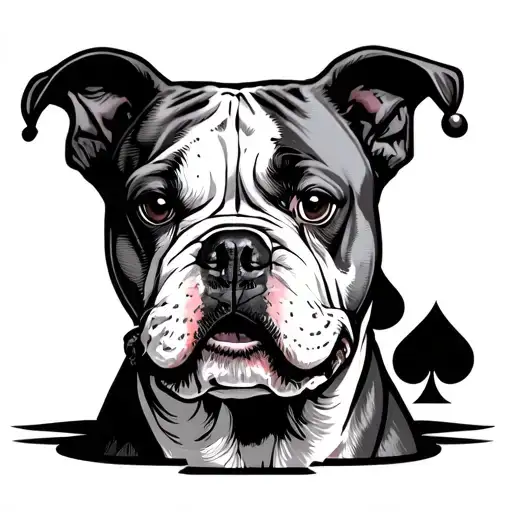 american bulldog with women clown and a of spade cards forming tattoo design idea