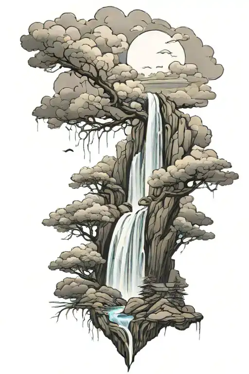 “Generate a realistic image of mountains with waterfall with clouds” lower leg sleeve tattoo tattoo design idea