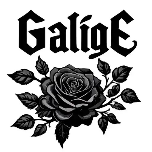 “Bold ‘Gaige’ in uppercase letters with a simple black rose vine weaving through the letters, minimalist style, black tattoo design idea