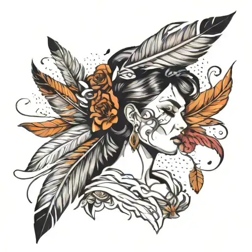 portrait and feathers falling tattoo design idea