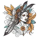 portrait and feathers falling tattoo design idea