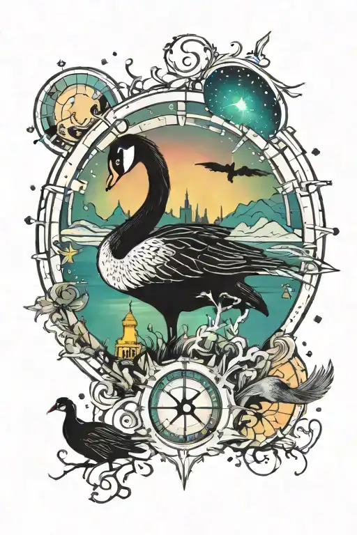 Black swan in foreground with the northern lights behind, with a nautical compass and Libra and aries star signs  tattoo design idea