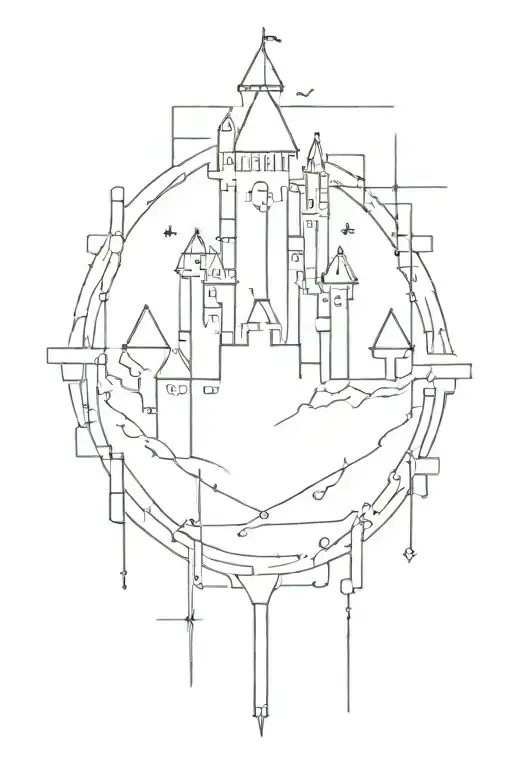 pieces of castles, cyber sigilism back tatto, crosses, chains tattoo design idea