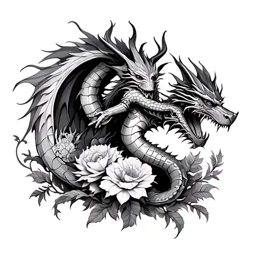 knight fighting dragon surrounded by flowers  tattoo design idea