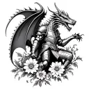 knight fighting dragon surrounded by flowers  tattoo design idea