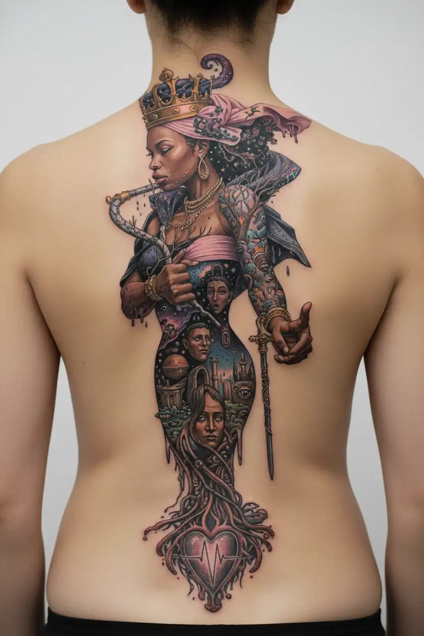 Black woman wearing a crown, cloaked in breast cancer ribbon, holding staff and shield, flexing her bicep tattoo design idea