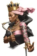 Black woman wearing a crown, cloaked in breast cancer ribbon, holding staff and shield, flexing her bicep tattoo design idea