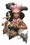 Black woman wearing a crown, cloaked in breast cancer ribbon, holding staff and shield, flexing her bicep tattoo design idea