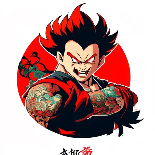 Akuma from street fighter, posing, satsui no hado surrounding him tattoo design idea