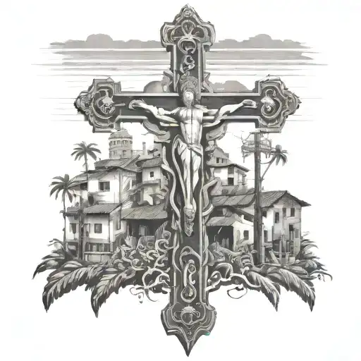 Christian cross surrounded by favela in Brazil tattoo design idea