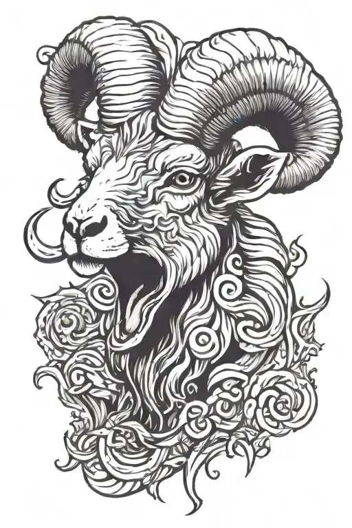 head of a mountain ram with an open mouth and a protruding tongue and a third eye on the forehead and fangs tattoo design idea