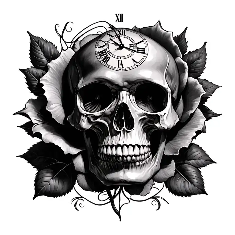 scull rose's clock tattoo design idea