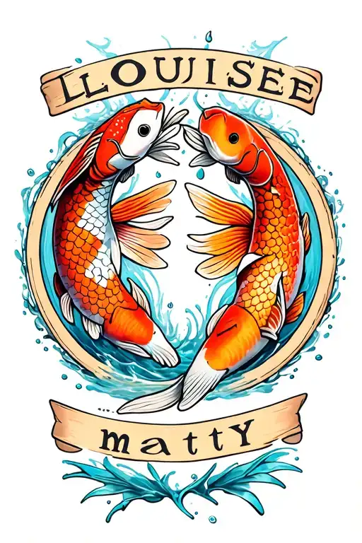 Matching tattoos in a circle one with the name Louise and one with the name matty both with a koi fish 3d and a cowboy h tattoo design idea