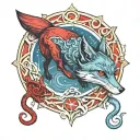 Ouroboros fox tarot devil in red and blue tones tattoo design idea