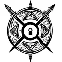 symbol for a thieves' guild tattoo, only black and white, circle shape. minimalistic, use lock and key or daggers. tattoo design idea