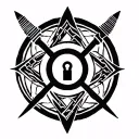 symbol for a thieves' guild tattoo, only black and white, circle shape. minimalistic, use lock and key or daggers. tattoo design idea