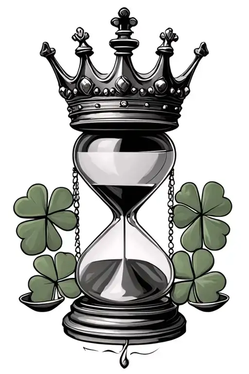hour glass chess king crown and 4 leaf clover surrounding on the bottom put a balance  scale  tattoo design idea
