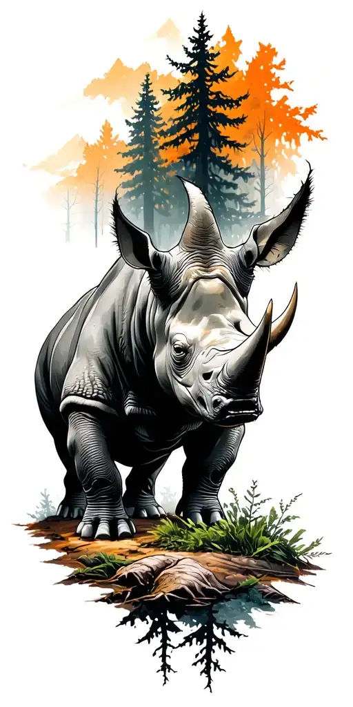 rhino in forest scene tattoo design idea