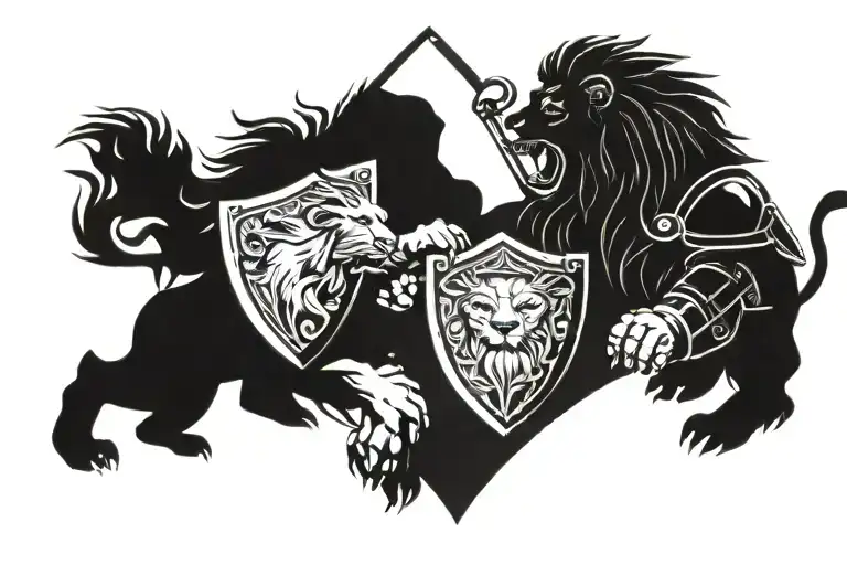 lion and gladiator holding a shield tattoo design idea