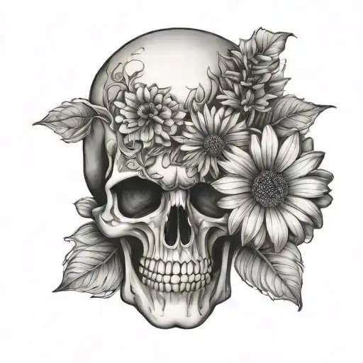 3D skull with 2 gerbera daisy tattoo design idea