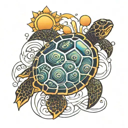 fine line Aquarius sun sea turtle waves tattoo design idea