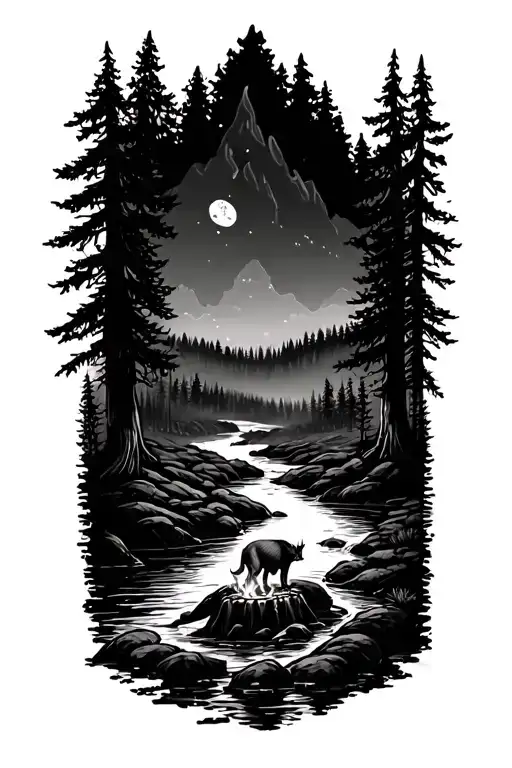 Black Forest with stream, campfire and wild boar in the background tattoo design idea