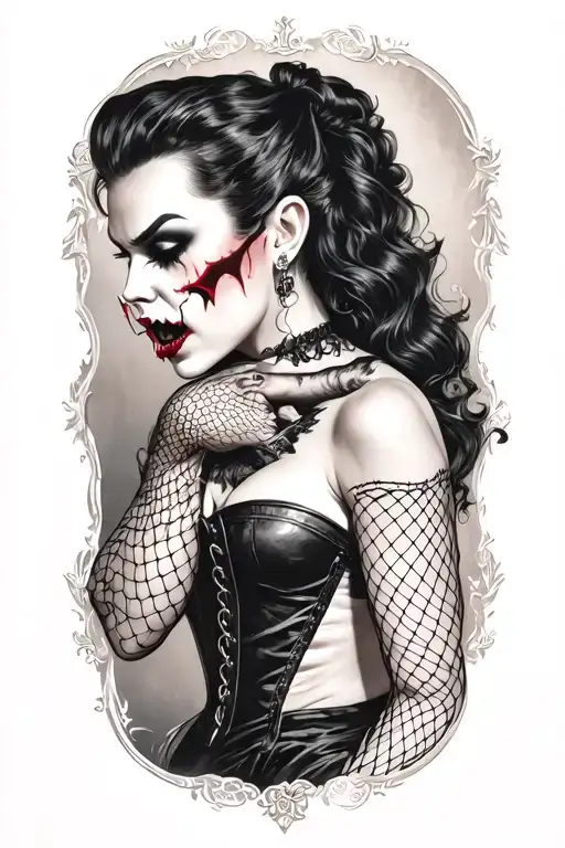Male vampire bitting gothing pinup girl on the neck. Pinup girl wearing corset and fishnets tattoo design idea