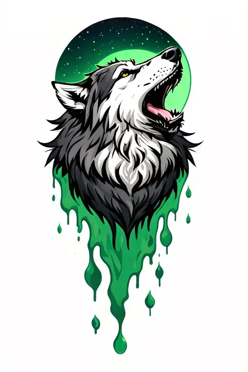 wolf howling at a melting green moon tattoo design idea