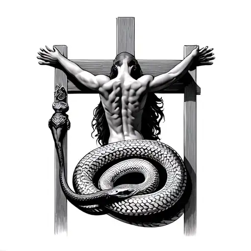 dobe facing backwards as the top of a crucifix, then a snake coiled from bottom for make rest of the crucifix  tattoo design idea