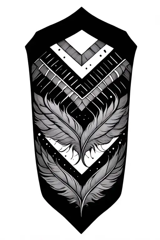 A forearm tattoo that blends repeating diamond and chevron patterns with flowing linework to mimic feathers and night sk tattoo design idea