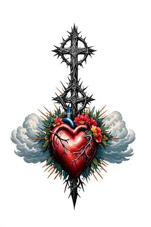 Norse cross, clouds, rays, floral patterns, crown of thorns, heart tattoo design idea