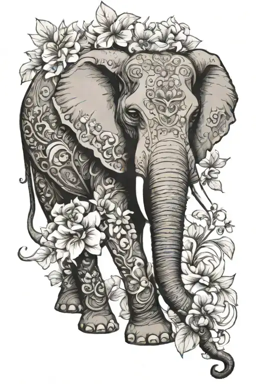 elephant with fine line flowers intertwined tattoo design idea