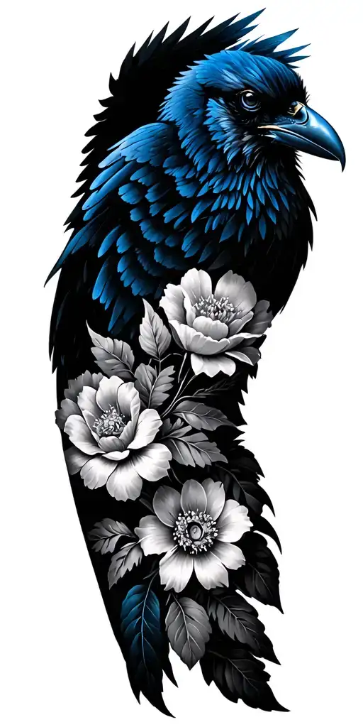 flower sleeve black and grey with some blue line work here and there and raven wings tattoo design idea