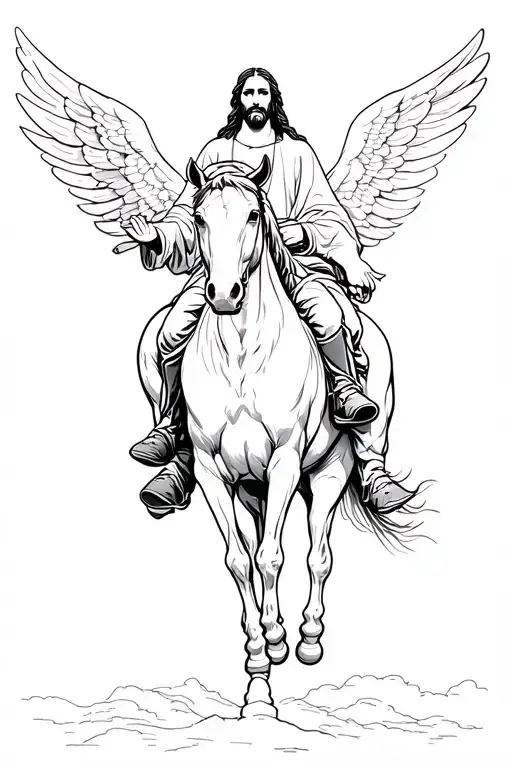 Jesus riding a horse with wings flying tattoo design idea