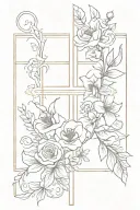  roses, honeysuckles, gladiolus, and poppy flowers surrounding a cross and at the bottom that flow into one corinthian  tattoo design idea