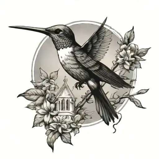 A black-grey tattoo design of a hummingbird perched on a branch, with the silhouette of a church in the background, symbolizing your humble and God fearing side, and your roots in Taddeo drive, Angels Estate, St Catherine Jamaica tattoo design idea