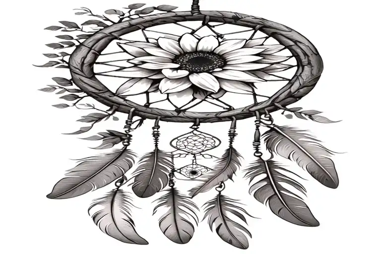 realistic tree of life dreamcatcher with large feathers hanging and sunflower on top and Michael  tattoo design idea