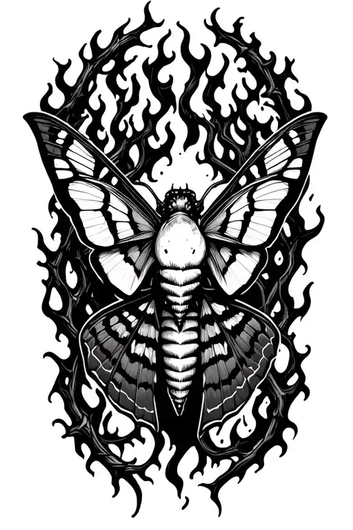 tattoo of a moth, a death's head, a mixture of flames and thorn vines in the background. in color with shadows tattoo design idea
