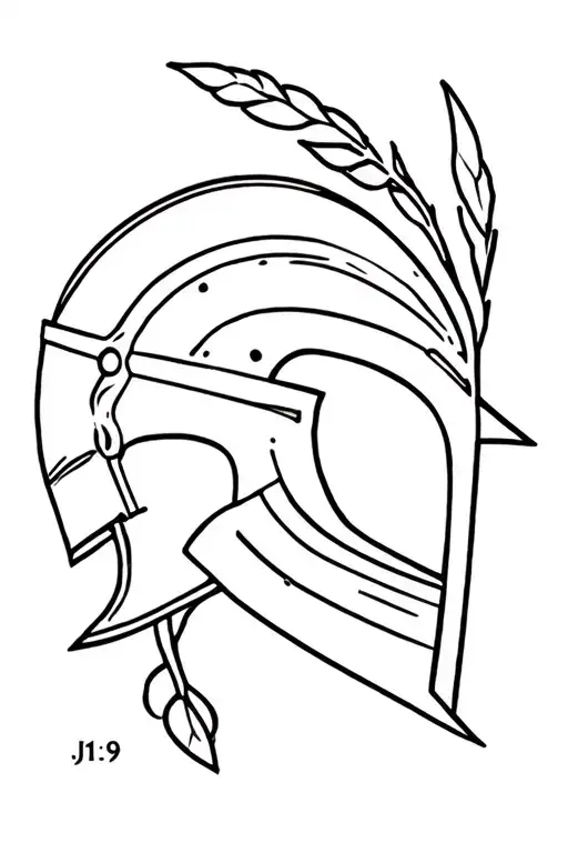 Warrior helmet and olives leaves growing with J1:9 small text at the lowe part tattoo design idea