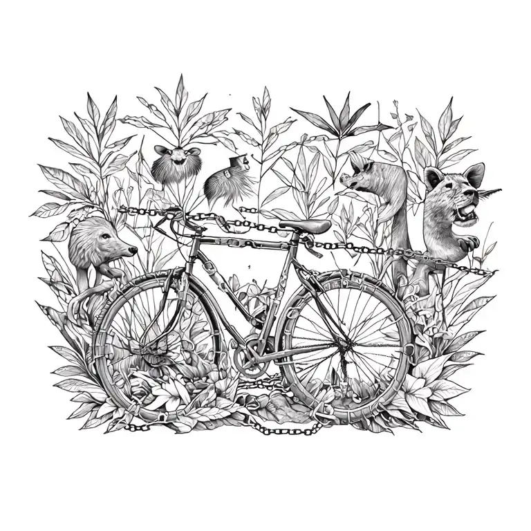 A collage of different endangered animals and plants intertwined with bike chains, reflecting your work as an ecologist and love for nature tattoo design idea