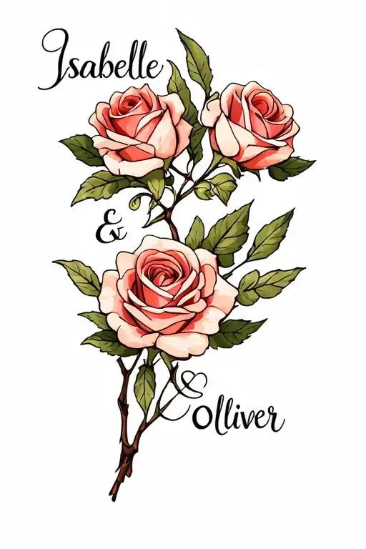 "Isabelle & Oliver" olive branch with roses tattoo design idea