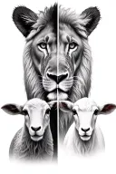 Front profile of a lion and front profile of a lamb. Distinct half’s of each animal split in the middle and meshed. tattoo design idea
